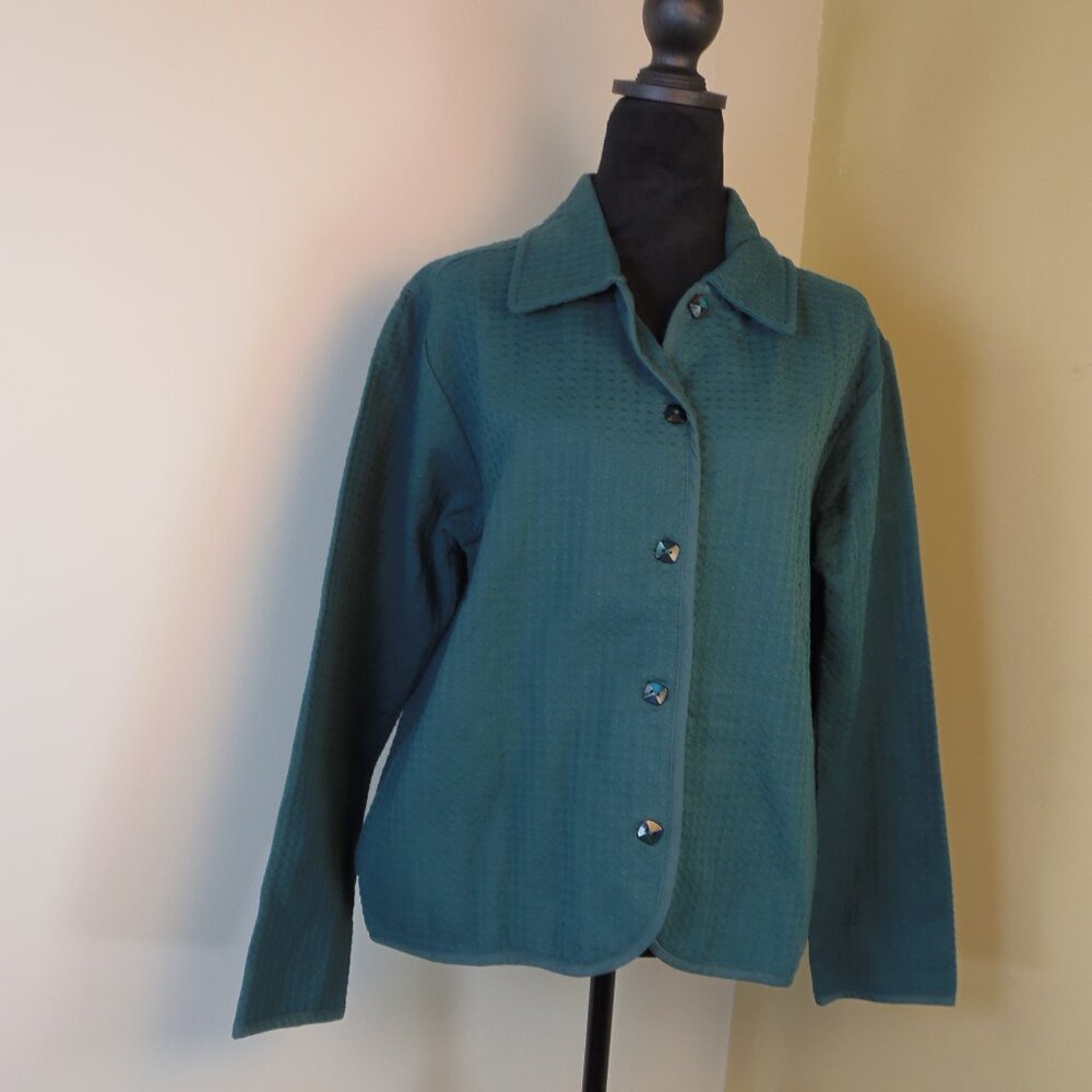 Cabela's Women's SZ LG Green Jacquard Jacket Lagenlook Cottage Old Money